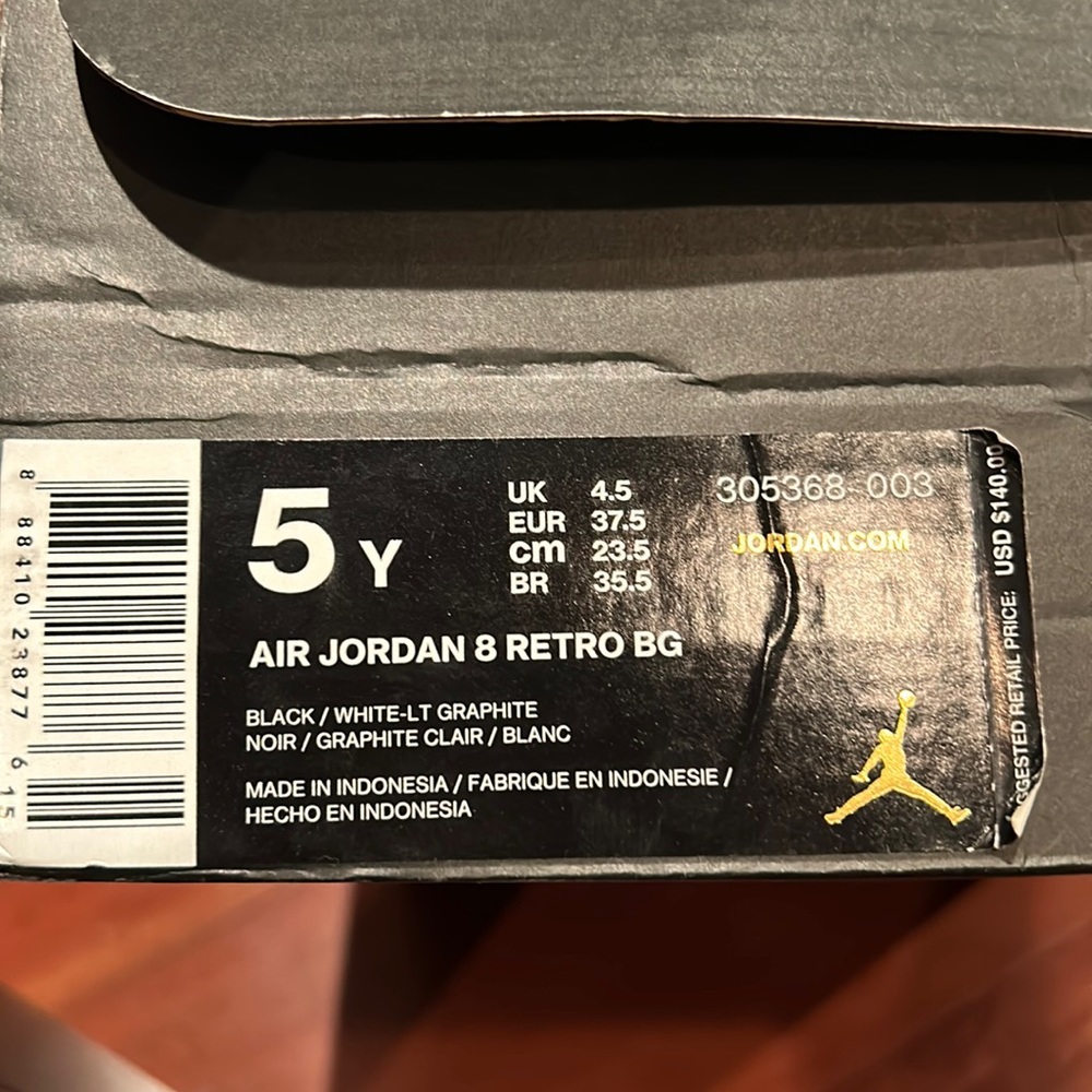 Air Jordan 8,Retro BG, black/white, size 5Y, youth size, lightly worn.